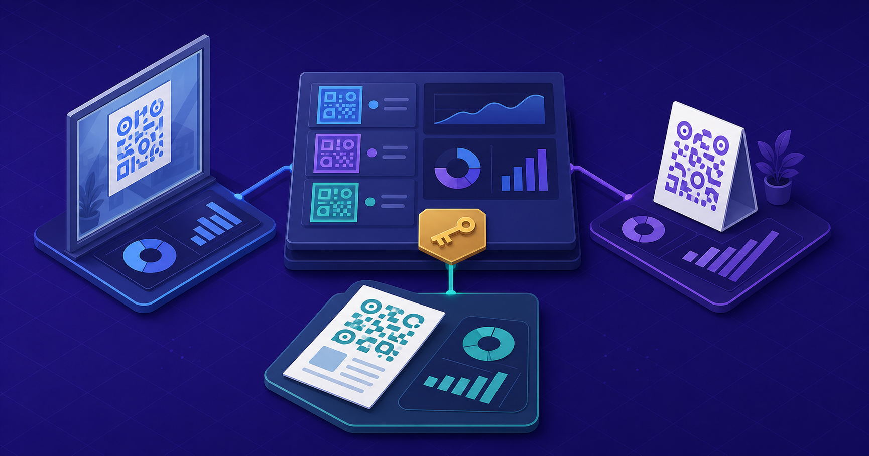 Isometric agency workspace showing three separate client campaigns, placement materials, scan analytics, and an ownership key