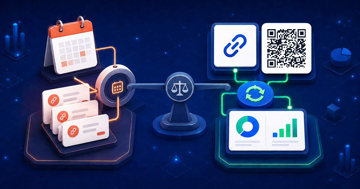 Isometric illustration comparing a monthly QR creation allowance that resets against a reusable set of active QR codes, weighed on a balance, with a scannable QR code linking to this article