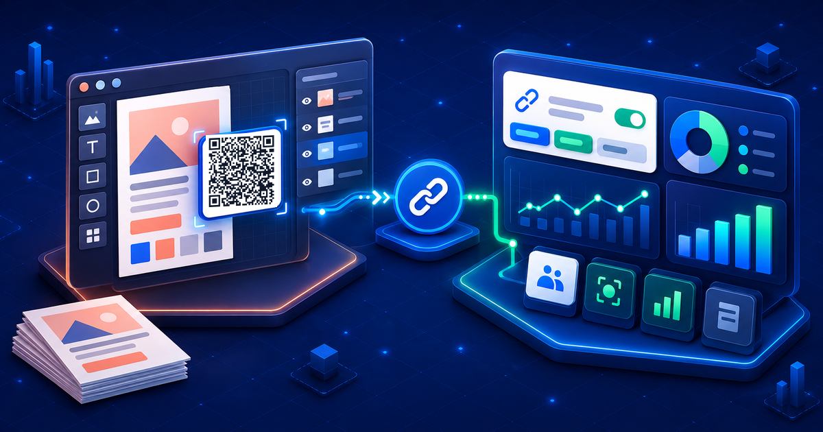 Isometric illustration of a QR code moving from a design canvas into an analytics dashboard, representing Canva's design workflow and PixlQR's QR management workflow