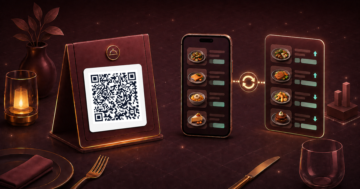 Isometric restaurant table tent with a scannable QR code, a phone menu, and an editable digital menu panel