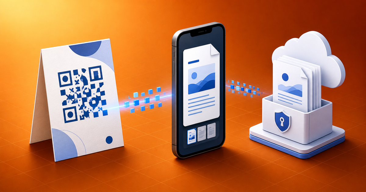 Isometric illustration of a printed QR code, a phone opening a PDF, and securely hosted document files
