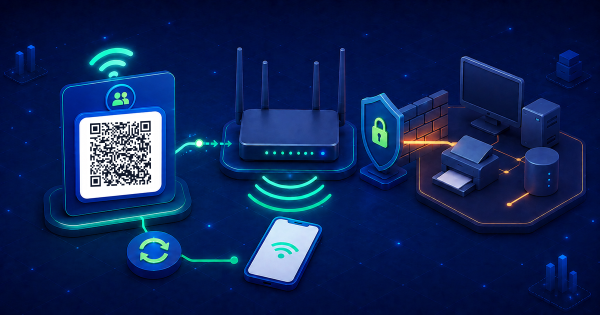 Isometric guest WiFi setup with a scannable QR code, router, phone, and a firewall separating private devices