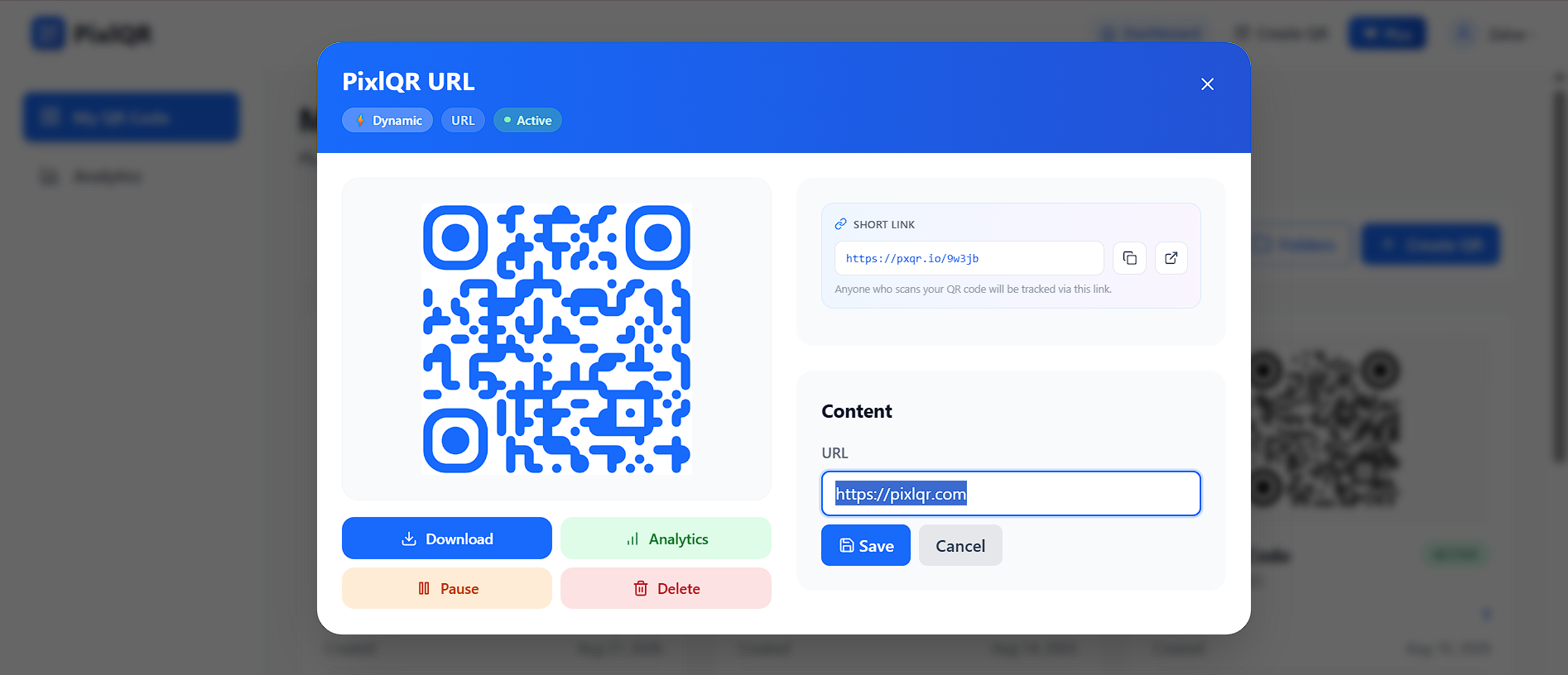 Editing a dynamic QR code's destination in the PixlQR dashboard