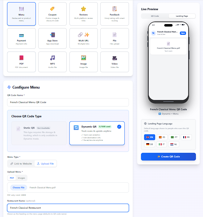 A PixlQR hosted-menu setup preview using a fictional restaurant and demo PDF