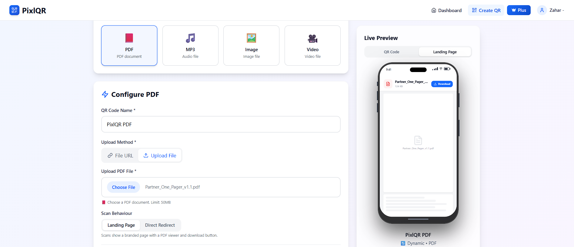 Creating a PDF QR code in PixlQR, with the landing page and direct redirect options