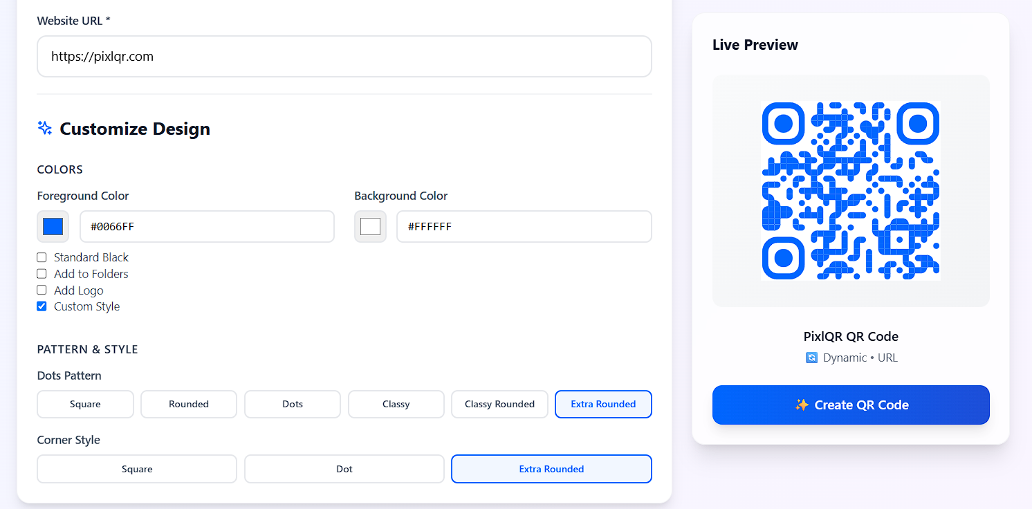 PixlQR Customize Design controls showing foreground and background colours, dot patterns, corner styles and a live QR preview
