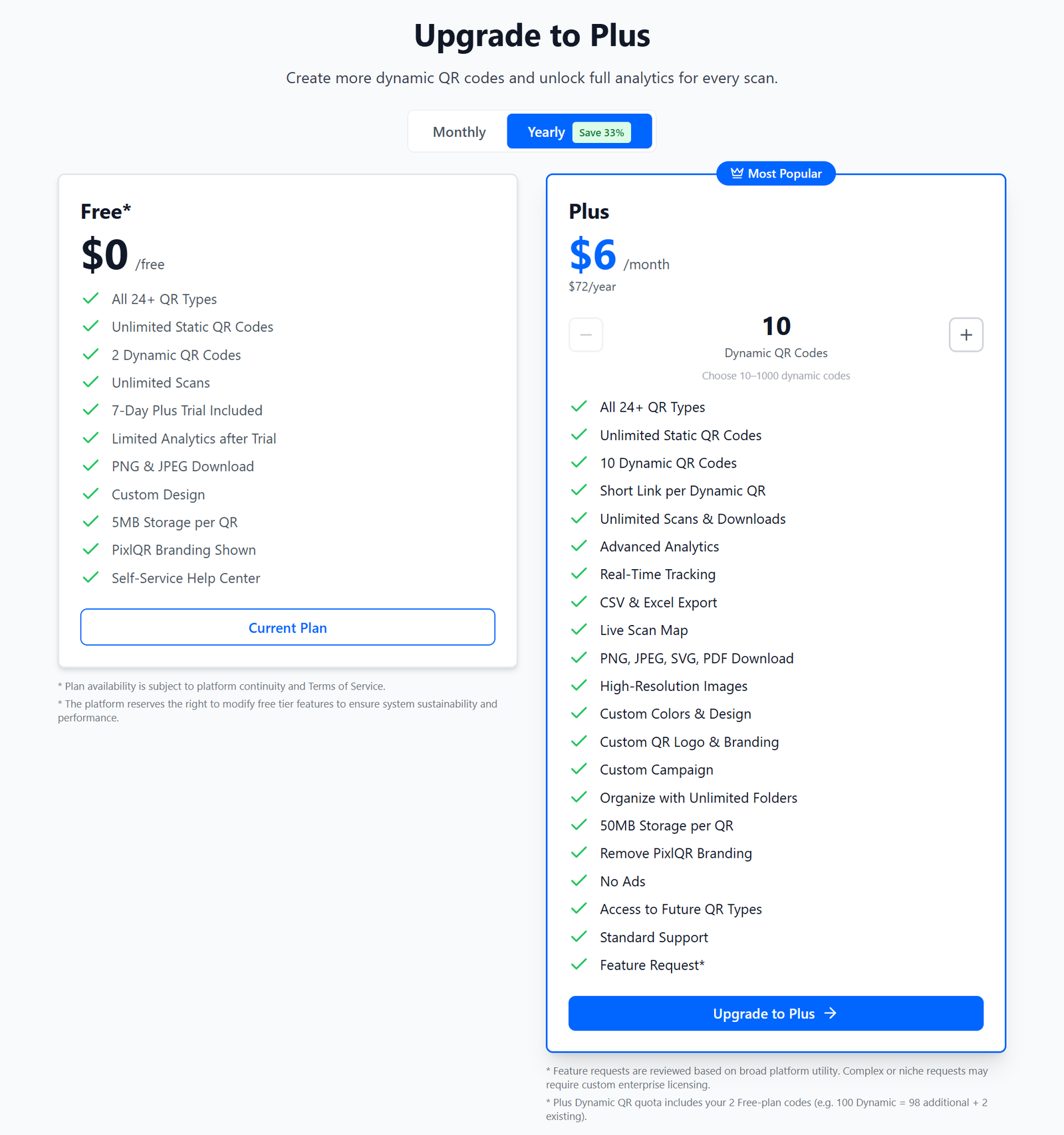 PixlQR pricing showing two dynamic QR codes on Free and a configurable active-code allowance on Plus