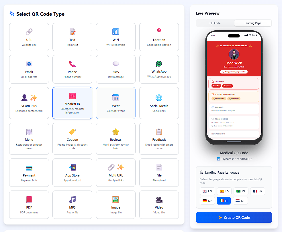 PixlQR's QR-type selector showing URL, WiFi, vCard Plus, menu, payment, file, media, and other supported experiences
