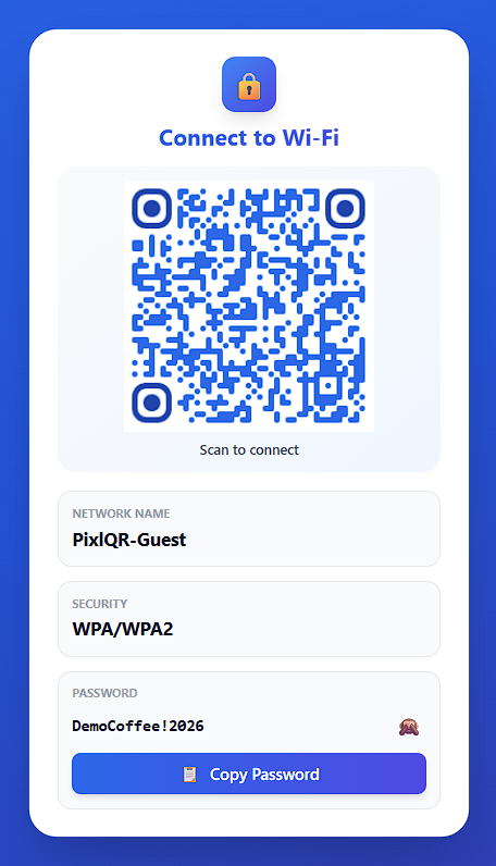 Demo PixlQR dynamic WiFi scan landing page showing a QR to connect, a fake guest network name and masked password
